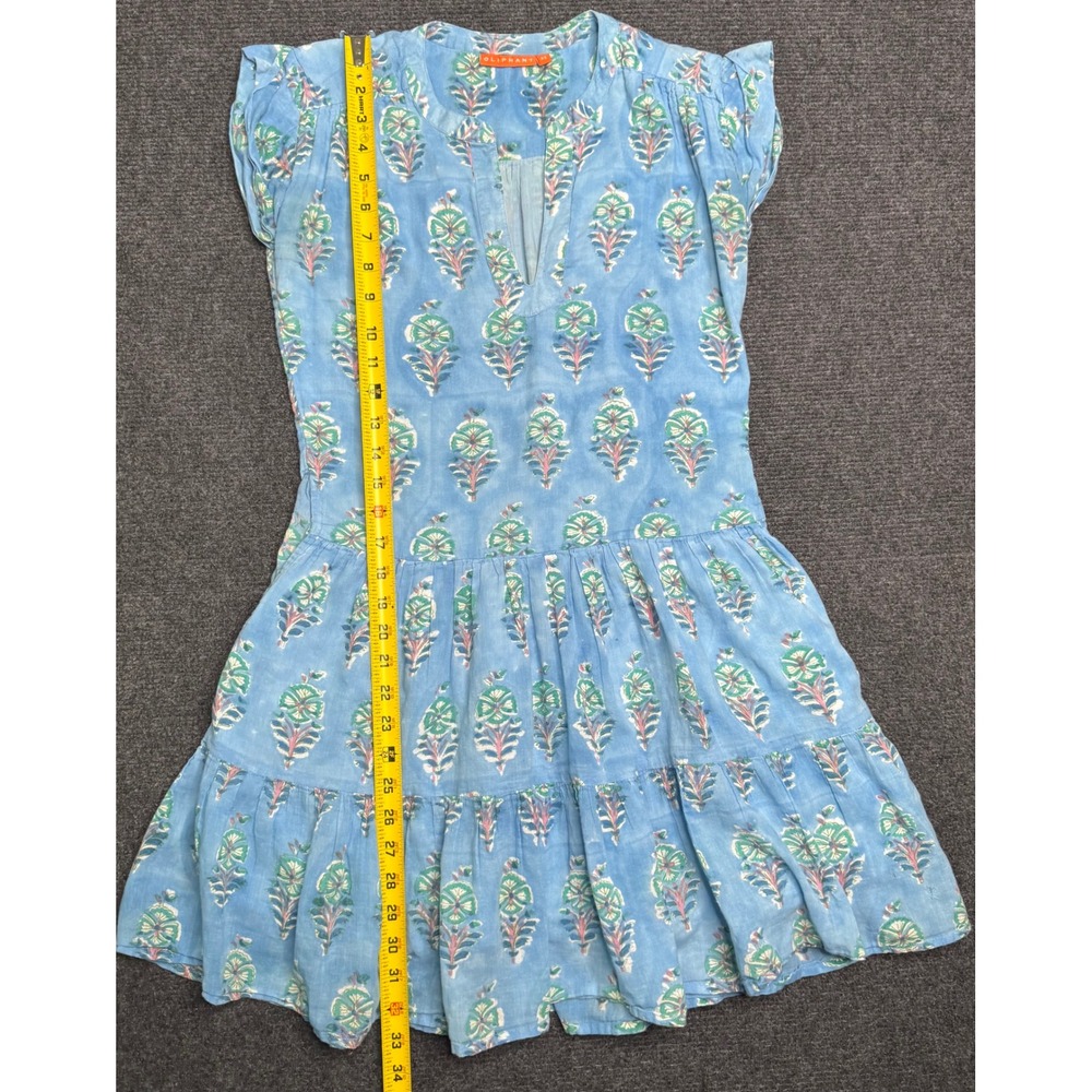 Oliphant Roll Sleeve Blue Floral Print Cotton Tiered Dress Womens XS Boho Chic - Picture 5 of 7
